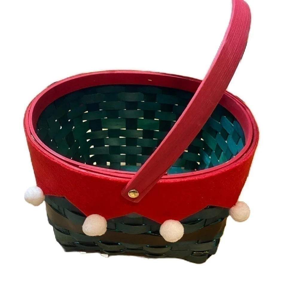 Elf Woven Basket NEW Christmas Home Decor Gift Wrap Green Belt Buckle Handle